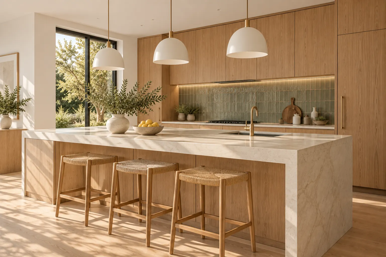 The kitchen of 18 Alder Lane, oak cabinetry and a stone island