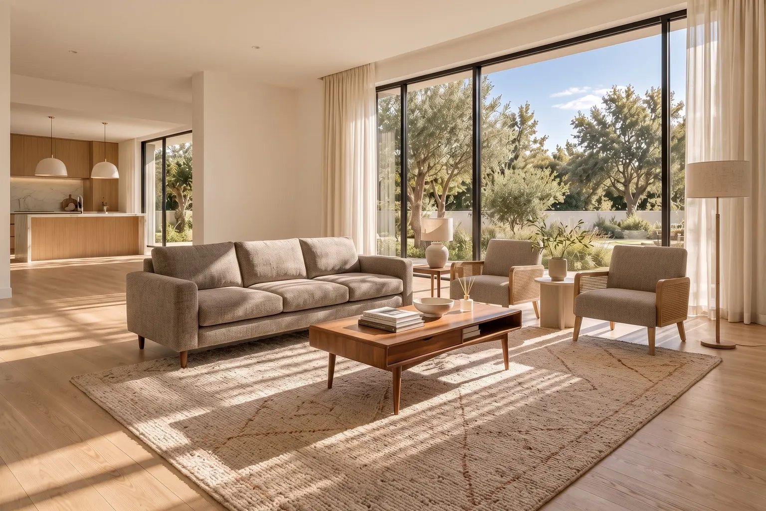 The same living room furnished: a sofa, two armchairs, a walnut coffee table, a rug and lamps