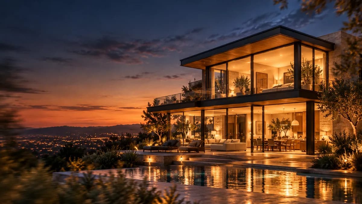 A glass house lit up at dusk above the city lights