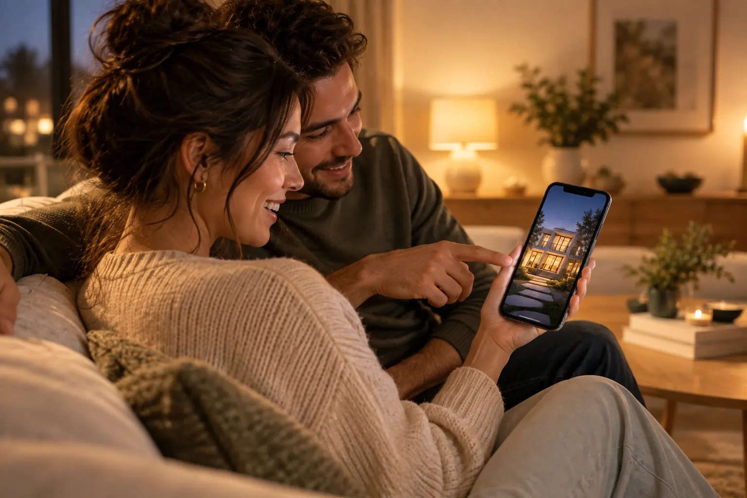 A couple on a sofa in the evening, watching a listing film on a phone